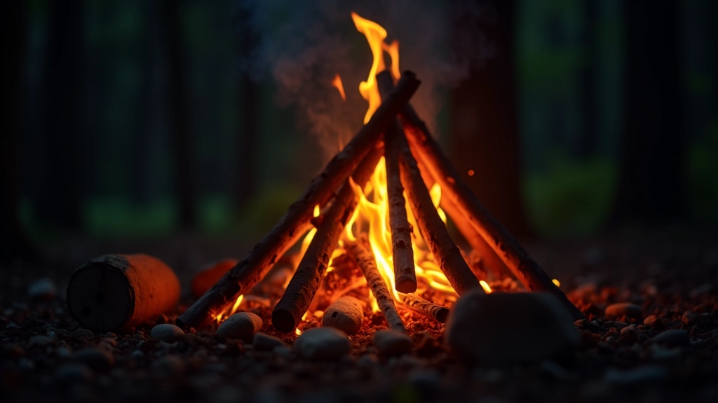 Rozpalane ognisko w kontrolowanym stanie z jasnym płomieniem, drewno w wigwamie