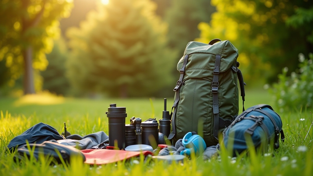 Plecak trekkingowy i lekki sprzęt kemingowy ułożony na trawie, słoneczny dzień