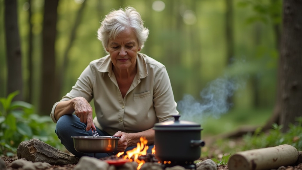 Senior preparing meal at campsite