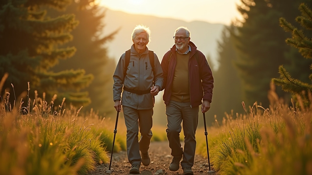 Para seniorów wędruje przez leśną ścieżkę w słonecznym dniu, naturalny krajobraz, górski teren