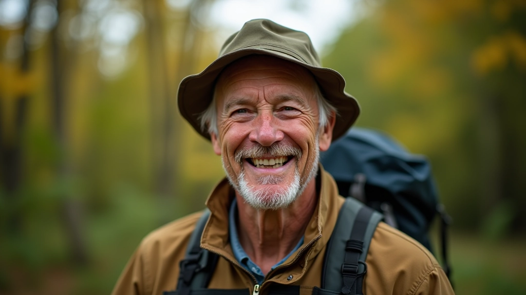 Starszy instruktor outdoor, portret z piersi w górę, profesjonalne ubranie, naturalne oświetlenie